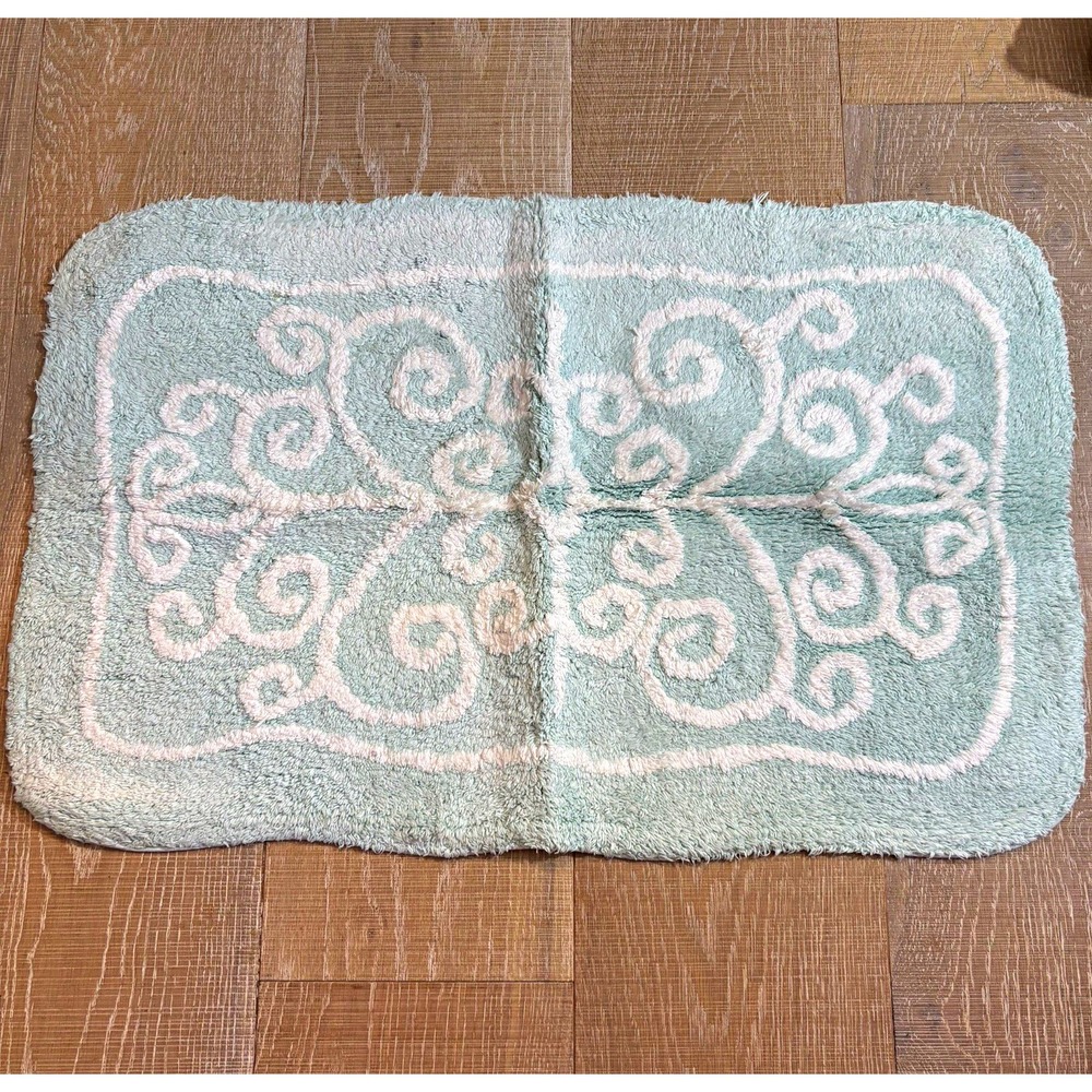 Plush Scroll Bath Mat Rug, Sea foam Green Sage White Rectangle 31x 20in